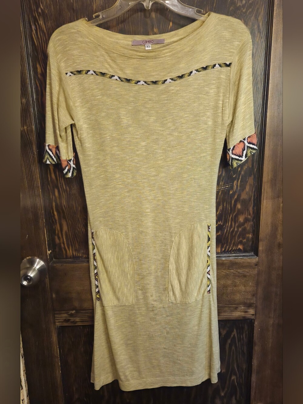 EUC 'cameo' Boutique Heathered Green Boho Midi Tshirt  Dress w/Patterned Trim